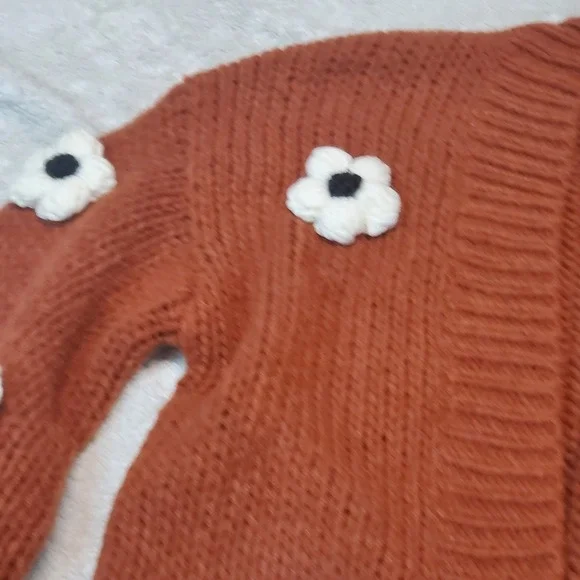 Anthropologie Maeve Brown Rust Chunky Knit Floral Cottagecore Cardigan One Size - Picture 3 of 7